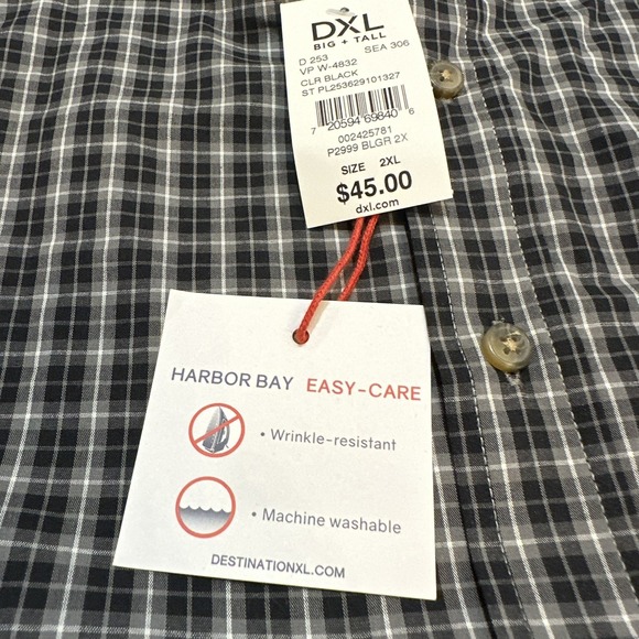 NWT HB Harbor Bay Men's Black Gingham Easy-Care Button Down Shirt Plus Size 2XL - Picture 4 of 5